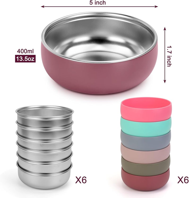 ShineMe Stainless Steel Bowls for Kids, 6 pack Toddler Bowls with Removable Colorful Silicone Sleeve, Unbreakable Baby Bowls for Soup, Cereal, Yogurt, Snacks... - Image 2